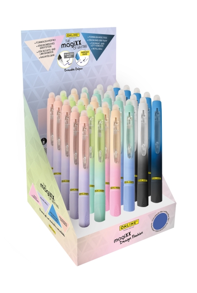 Online MagiXX Design Fashion Expositor con 30 Boligrafos de Tinta Gel Borrable - Retractil - Trazo de 0.7mm - Cartucho Reemplazable - Tinta Azul - Uso Ambidiestro - Colores Surtidos