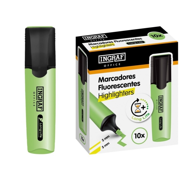 Ingraf Long-Life Marcador Fluorescente - Punta Biselada - Trazo 2-5mm - Tinta Base de Agua - Color Verde