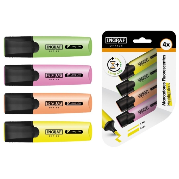 Ingraf Long-Life Pack con 4 Marcadores Fluorescentes - Punta Biselada - Trazo 2-5mm - Tinta Base de Agua - Colores Surtidos