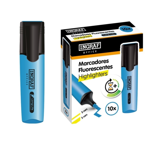 Ingraf Long-Life Marcador Fluorescente - Punta Biselada - Trazo 2-5mm - Tinta Base de Agua - Color Azul