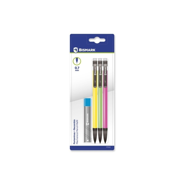 Bismark Pack con 3 Portaminas 0.7mm HB + 1 Cajita de Minas - Punta Retractil - Cuerpos de Colores Neon Surtidos