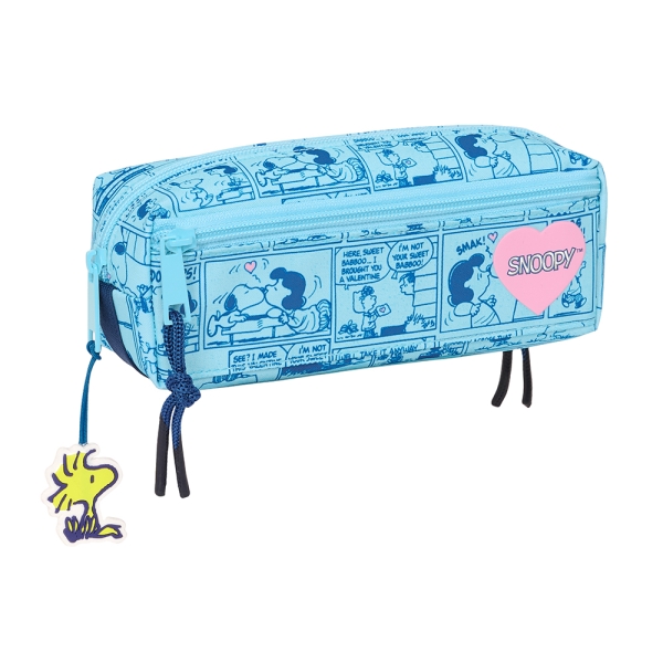 Safta Snoopy Love Portatodo Triple Pequeño - 3 Compartimentos con Cremallera - Asa Lateral - 22x6x8.5cm - Color Azul