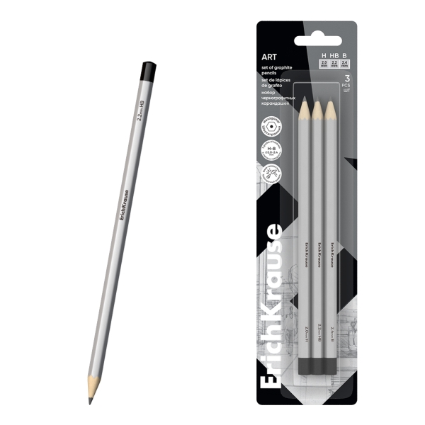ErichKrause Art Pack de 3 Lapices de Grafito - Durezas Surtidas H, HB y B - Cuerpo Hexagonal - Mina Resistente - Color Plata