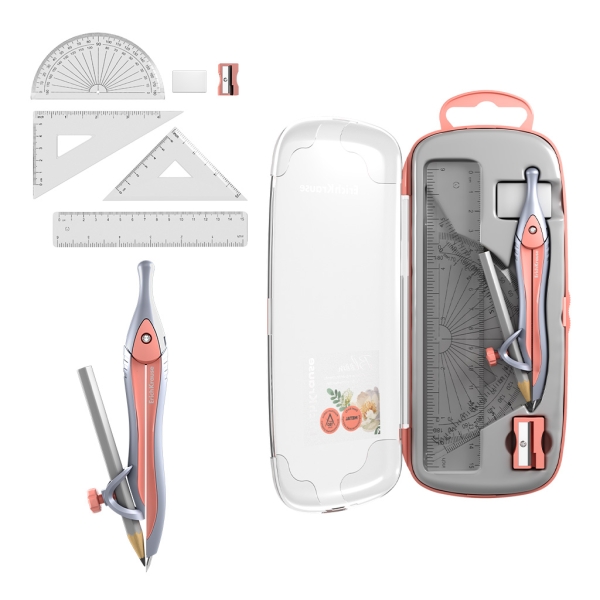 ErichKrause Pastel Bloom Pack Escolar de Dibujo - Compas - Regla de 15cm - Escuadra - Cartabon - Transportador de Angulos - Goma de Borrar - Sacapuntas - Estuche de Transporte - Color Melocoton