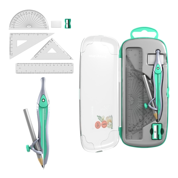 ErichKrause Pastel Bloom Pack Escolar de Dibujo - Compas - Regla de 15cm - Escuadra - Cartabon - Transportador de Angulos - Goma de Borrar - Sacapuntas - Estuche de Transporte - Color Verde
