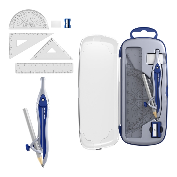 ErichKrause Classic Pack Escolar de Dibujo - Compas - Regla de 15cm - Escuadra - Cartabon - Transportador de Angulos - Goma de Borrar - Sacapuntas - Estuche de Transporte - Color Azul