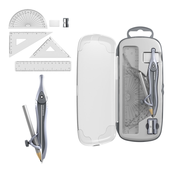 ErichKrause Classic Pack Escolar de Dibujo - Compas - Regla de 15cm - Escuadra - Cartabon - Transportador de Angulos - Goma de Borrar - Sacapuntas - Estuche de Transporte - Color Gris