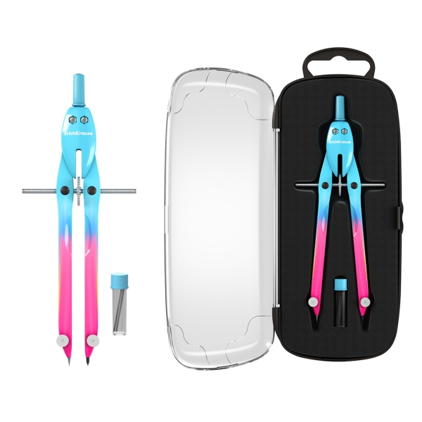 ErichKrause CoolRay Compas Escolar - Mina de Repuesto - Cuerpo Metalico - Estuche - 155mm de Longitud - Radio Maximo de 150mm - Colores Surtidos