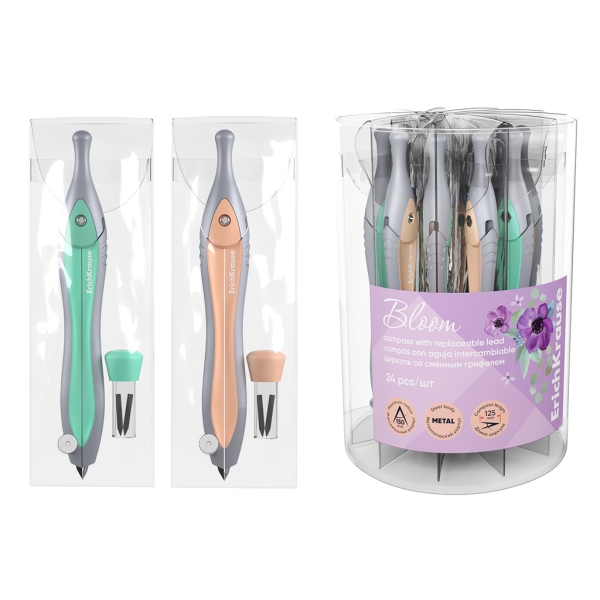 ErichKrause Pastel Bloom Compas Escolar - Mina de Repuesto - Cuerpo Metalico - Estuche de PVC - 125mm de Longitud - Radio Maximo de 150mm - Colores Surtidos