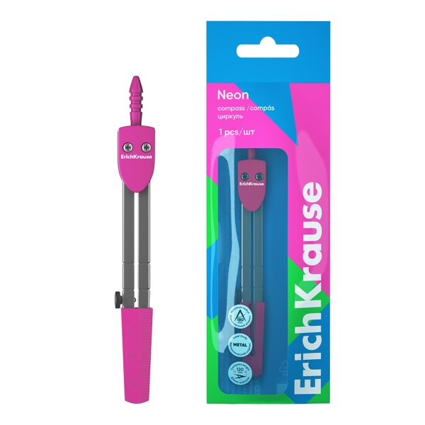 ErichKrause Neon Compas Escolar - Cuerpo Metalico - 120mm de Longitud - Radio Maximo de 180mm - Bolsa de Polietileno - Color Rosa