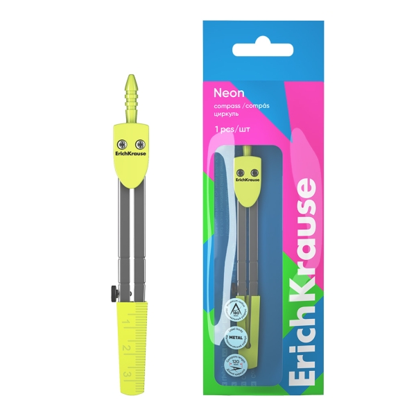 ErichKrause Neon Compas Escolar - Cuerpo Metalico - 120mm de Longitud - Radio Maximo de 180mm - Bolsa de Polietileno - Color Amarillo