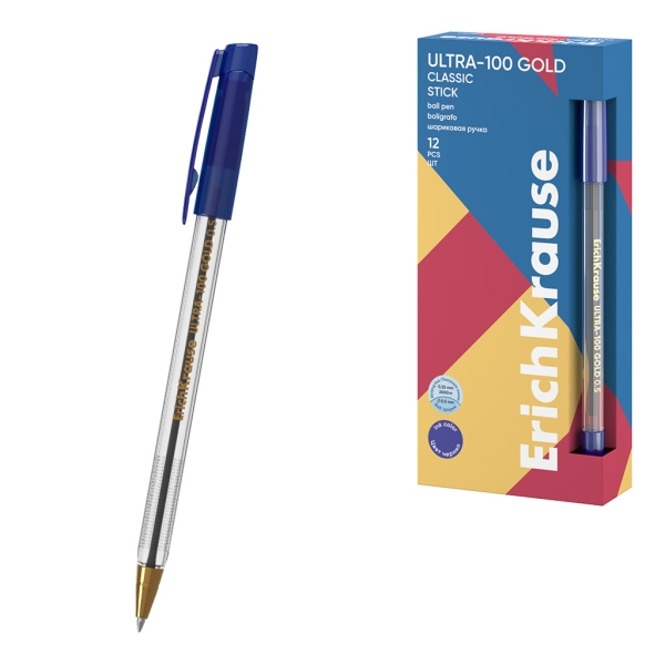 ErichKrause ULTRA-100 Gold Stick Classic Boligrafo con Capuchon - Punta de Aguja 0.5mm - Cuerpo Transparente - Trazo 0.25mm - Tinta de Baja Viscosidad - Color Azul