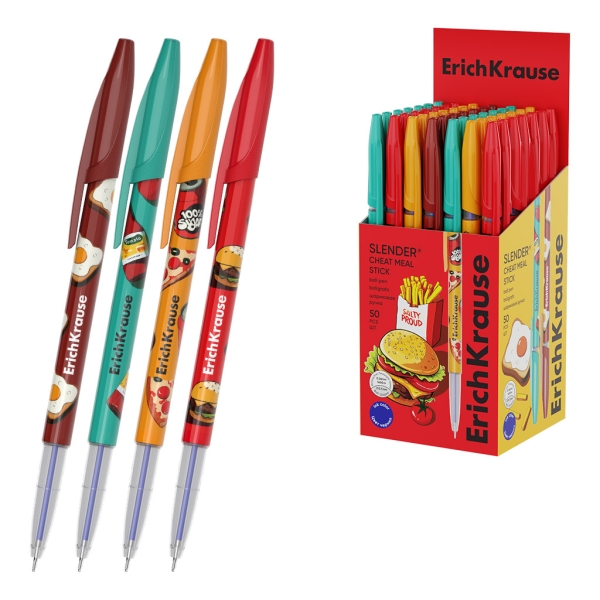 ErichKrause Stick Cheat Meal Boligrafo con Capuchon - Modelos Surtidos - Trazo 0.26mm - Tinta de Baja Viscosidad - Tapa Ventilada - Color Azul