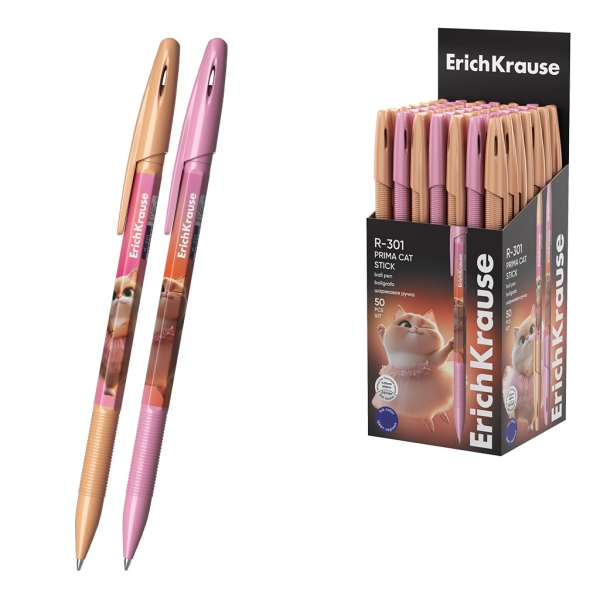 ErichKrause R-301 Stick Prima Cat Boligrafo con Capuchon - Modelos Surtidos - Trazo 0.35mm - Tinta de Secado Rapido - Tapa Ventilada - Color Azul