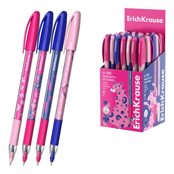 ErichKrause U-109 Stick and Grip Pinna Kotta Boligrafo con Capuchon - Modelos Surtidos - Trazo 0.3mm - Zona de Agarre de Goma - Tinta de Baja Viscosidad - Tapa Ventilada - Color Azul