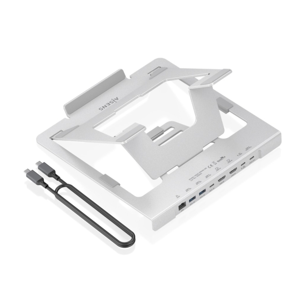 Aisens ASUC-7P046-GR Soporte para Portatil hasta 16" - Regulable en Altura - Antideslizante - Plegable - USB-C Docking 7 en 1 - Color Gris
