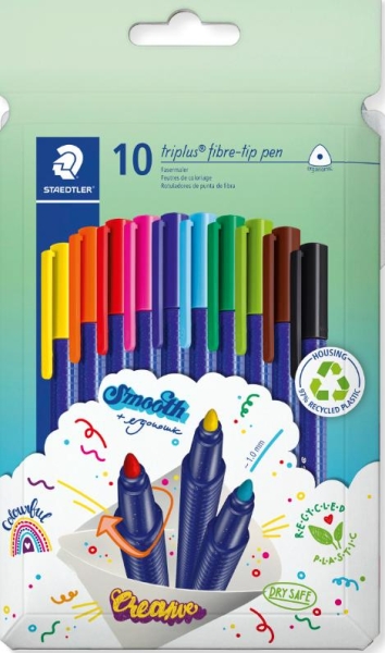 Staedtler Triplus Color 323 Pack de 10 Rotuladores - Trazo 1mm Aprox - Tinta Antisecado - Capuchon Ventilado - Colores Surtidos