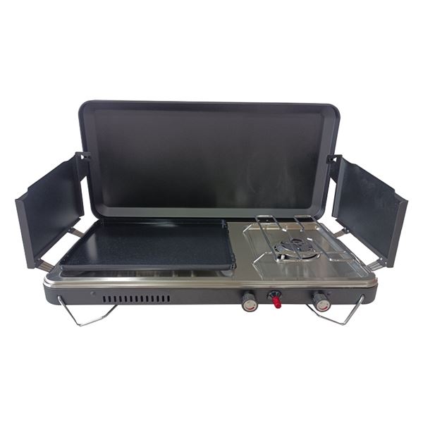 Muvip MV0666 Cocina de Gas Premium - Plancha + Doble Quemador - Protectores contra el Viento - Color Negro