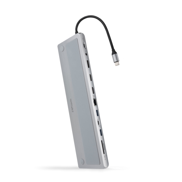 Nanocable HUB USB-C 11 en 1 - Conversor USB-C 3.1 a 3 x USB-A 3.0 + USB-C + USB-C 2 PD 100W + 2 x HDMI 4K60Hz + Displayport 4K60Hz + RJ45 + SD/TF + Audio - Aluminio - 18cm - Color Gris