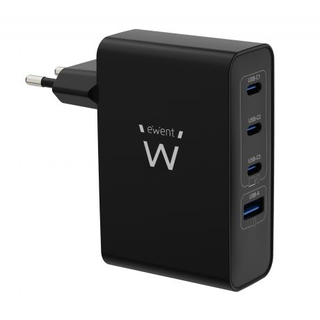Ewent EW1330 Cargador GaN Universal de Pared 100W Ultrarapido - 3x USB-C PD 3.0 y 1x USB-A QC 3.0 - Color Negro