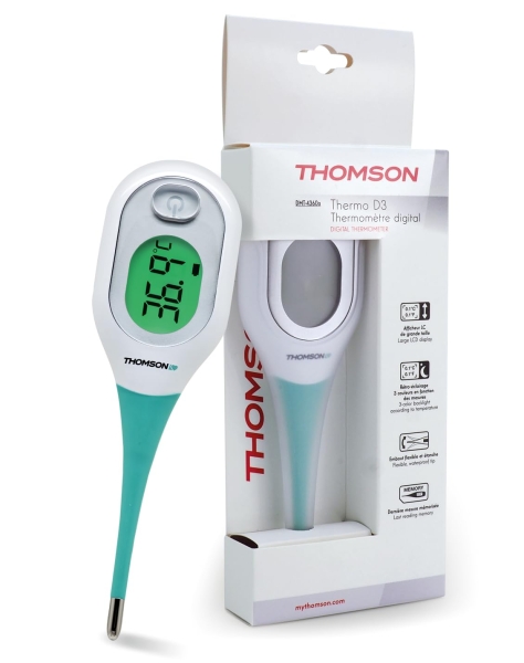 Thomson Thermo D3 Termometro Clinico Digital - Medicion Rapida - Punta Flexible - Pantalla Retroiluminada 3 Colores