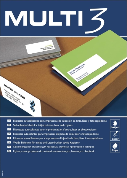 Multi3 Pack de 2.400 Etiquetas Rectangulares Tamaño 70x36mm - 100 Hojas por 24 Etiquetas - Adhesivo Permanente - Cantos Rectos - Color Blanco