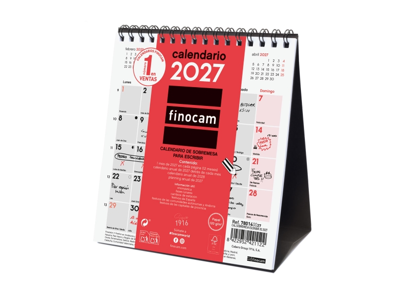Finocam Neutro Calendario de Sobremesa - Anual 2027 - Mes Vista - Formato XS - 140x150mm - Espiral Doble - Papel de 120g/m2 - Espacio para Escribir - Color Rojo y Blanco