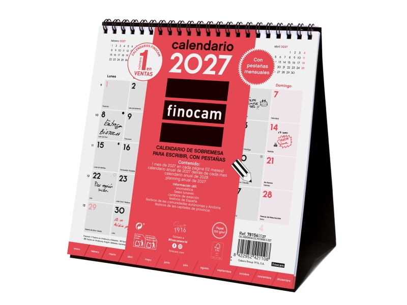 Finocam Neutro Calendario de Sobremesa - Anual 2027 - Mes Vista - Formato S - 190x190mm - Espiral Doble - Papel de 150g/m2 - Espacio para Escribir - Color Rojo y Blanco
