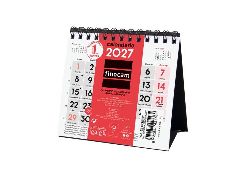 Finocam Neutro Calendario de Sobremesa - Anual 2027 - Mes Vista - Formato XXS - 110x100mm - Espiral Doble - Papel de 120g/m2 - Numeros Grandes - Color Rojo y Blanco