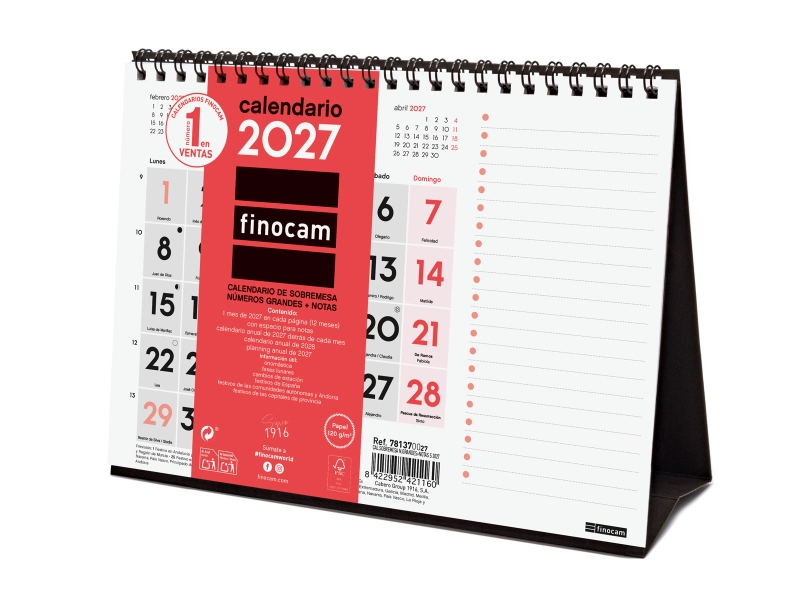 Finocam Neutro Calendario de Sobremesa - Anual 2027 - Mes Vista - Formato S - 210x150mm - Espiral Doble - Papel de 120g/m2 - Numeros Grandes - Color Rojo y Blanco