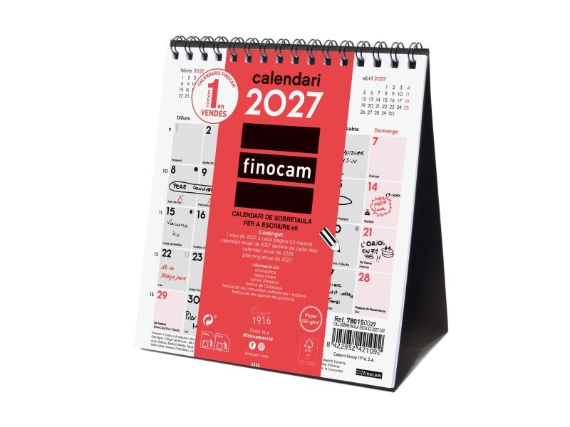 Finocam Neutro Calendario de Sobremesa en Catalan - Anual 2027 - Mes Vista - Formato XS - 140x150mm - Espiral Doble - Papel de 120g/m2 - Espacio para Escribir - Color Rojo y Blanco
