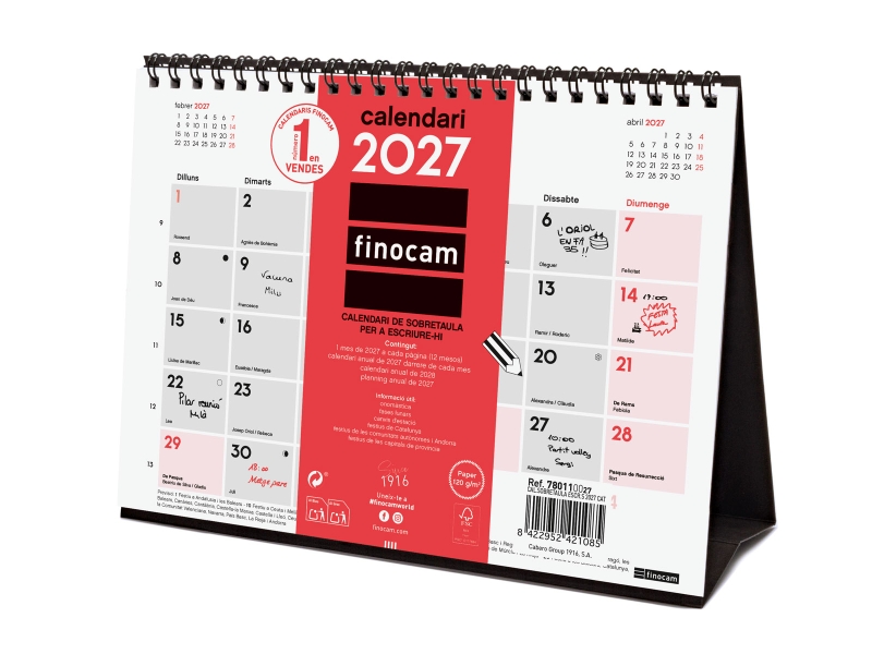 Finocam Neutro Calendario de Sobremesa en Catalan - Anual 2027 - Mes Vista - Formato S - 210x150mm - Espiral Doble - Papel de 120g/m2 - Espacio para Escribir - Color Rojo y Blanco