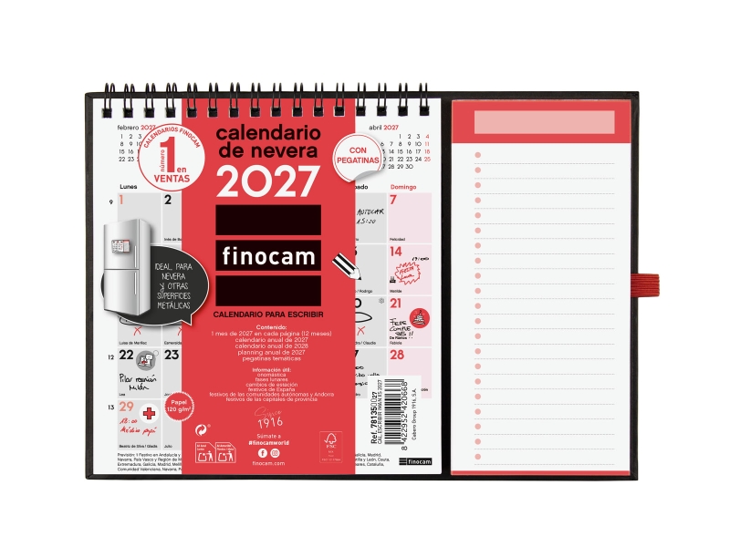 Finocam Neutro Calendario con Iman - Anual 2027 - Mes Vista - Formato XS - 140x150mm - Base 220x160mm - Espiral Doble - Papel de 120g/m2 - Espacio para Escribir - Color Rojo y Blanco