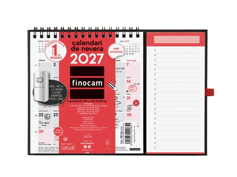 Finocam Neutro Calendario con Iman en Catalan - Anual 2027 - Mes Vista - Formato XS - 140x150mm - Base 220x160mm - Espiral Doble - Papel de 120g/m2 - Espacio para Escribir - Color Rojo y Blanco