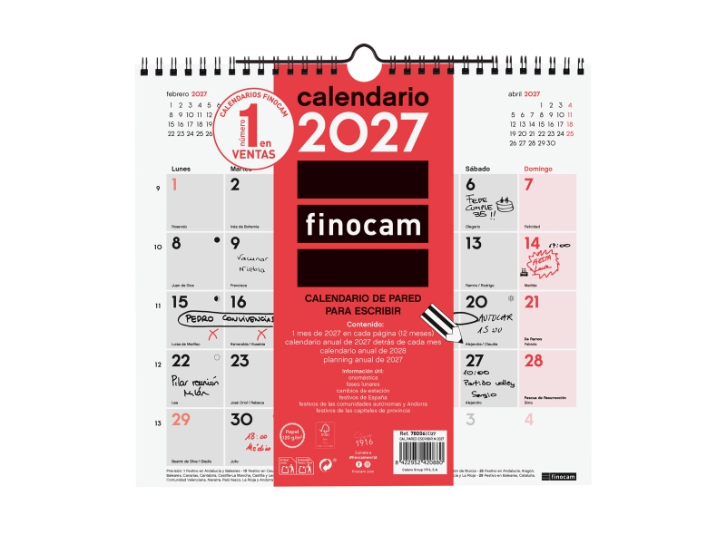 Finocam Neutro Calendario de Pared - Anual 2027 - Mes Vista - Formato M - 265x245mm - Espiral Doble - Papel de 120g/m2 - Espacio para Escribir - Color Rojo y Blanco