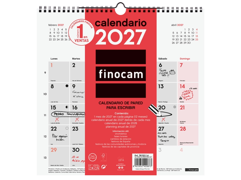 Finocam Neutro Calendario de Pared - Anual 2027 - Mes Vista - 300x300mm - Espiral Doble - Papel de 120g/m2 - Espacio para Escribir - Color Rojo y Blanco