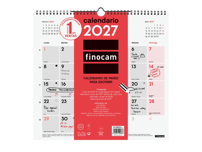 Finocam Neutro Calendario de Pared - Anual 2027 - Mes Vista - Formato L - 340x320mm - Espiral Doble - Papel de 120g/m2 - Espacio para Escribir - Color Rojo y Blanco