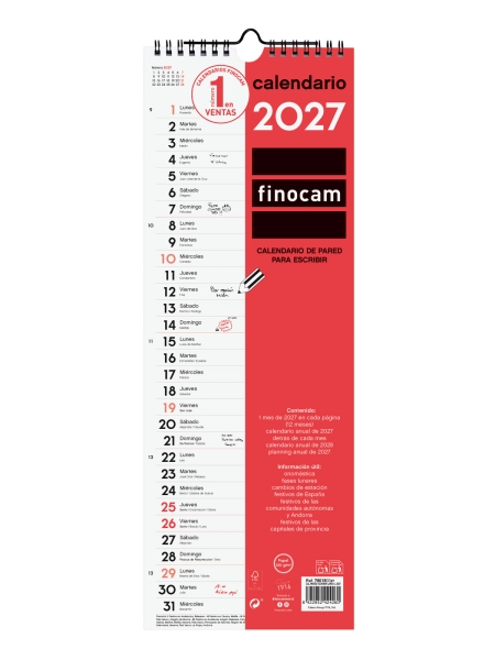 Finocam Neutro Calendario de Pared - Anual 2027 - Mes Vista - Formato L - 155x430mm - Espiral Doble - Papel de 120g/m2 - Espacio para Escribir - Color Rojo y Blanco