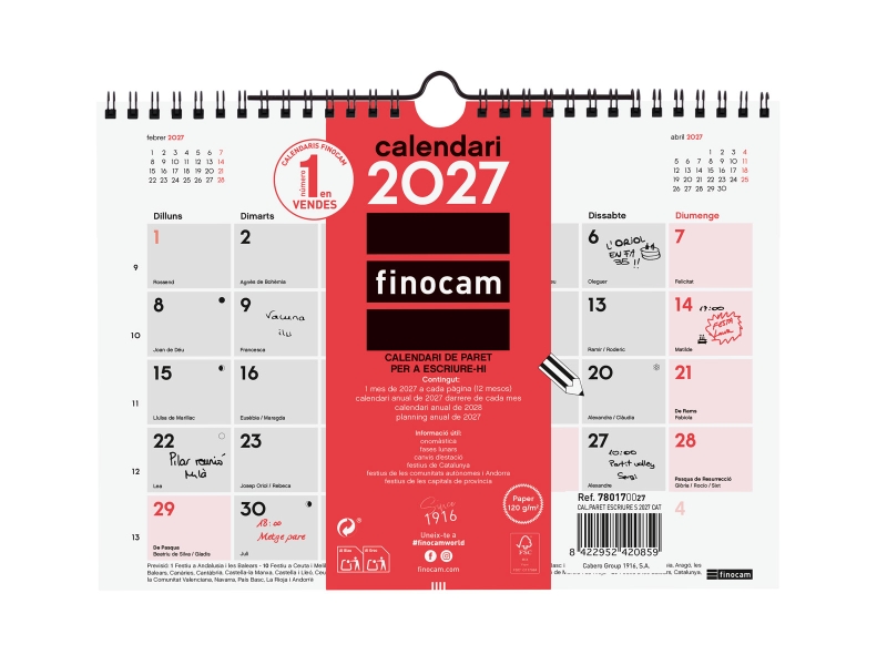 Finocam Neutro Calendario de Pared en Catalan - Anual 2027 - Mes Vista - Formato S - 210x150mm - Espiral Doble - Papel de 120g/m2 - Espacio para Escribir - Color Rojo y Blanco