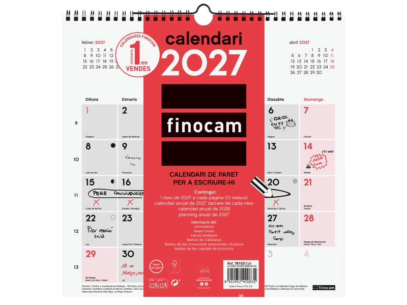 Finocam Neutro Calendario de Pared en Catalan - Anual 2027 - Mes Vista - 300x300mm - Espiral Doble - Papel de 120g/m2 - Espacio para Escribir - Color Rojo y Blanco