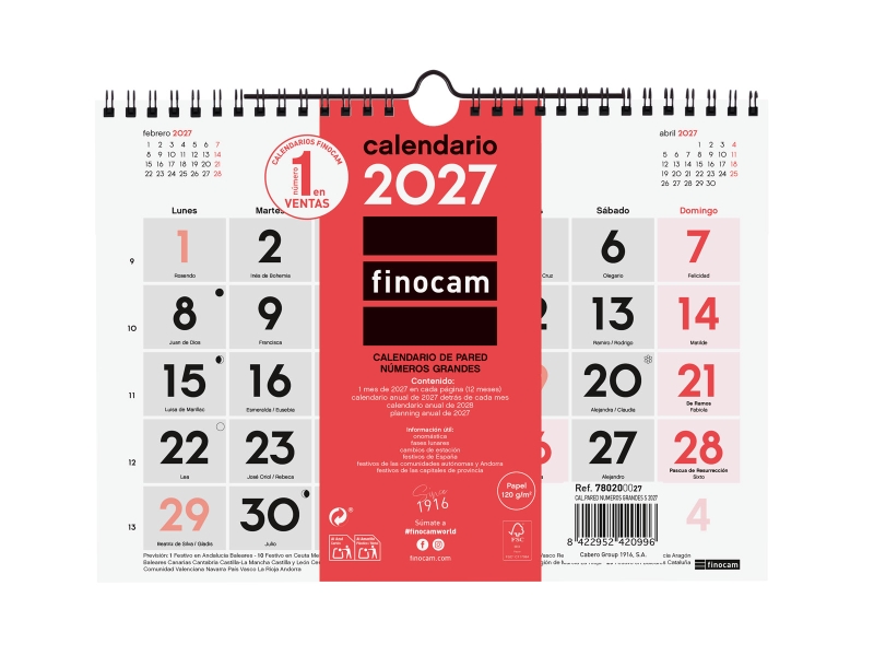 Finocam Neutro Calendario de Pared - Anual 2027 - Mes Vista - Formato S - 210x150mm - Espiral Doble - Papel de 120g/m2 - Numeros Grandes - Color Rojo y Blanco
