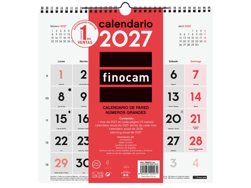 Finocam Neutro Calendario de Pared - Anual 2027 - Mes Vista - 300x300mm - Espiral Doble - Papel de 120g/m2 - Numeros Grandes - Color Rojo y Blanco