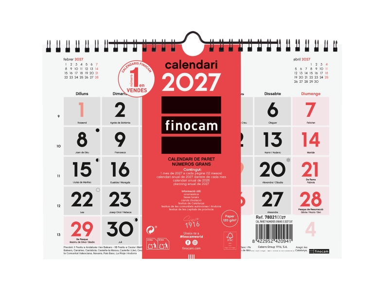 Finocam Neutro Calendario de Pared en Catalan - Anual 2027 - Mes Vista - Formato S - 210x150mm - Espiral Doble - Papel de 120g/m2 - Numeros Grandes - Color Rojo y Blanco