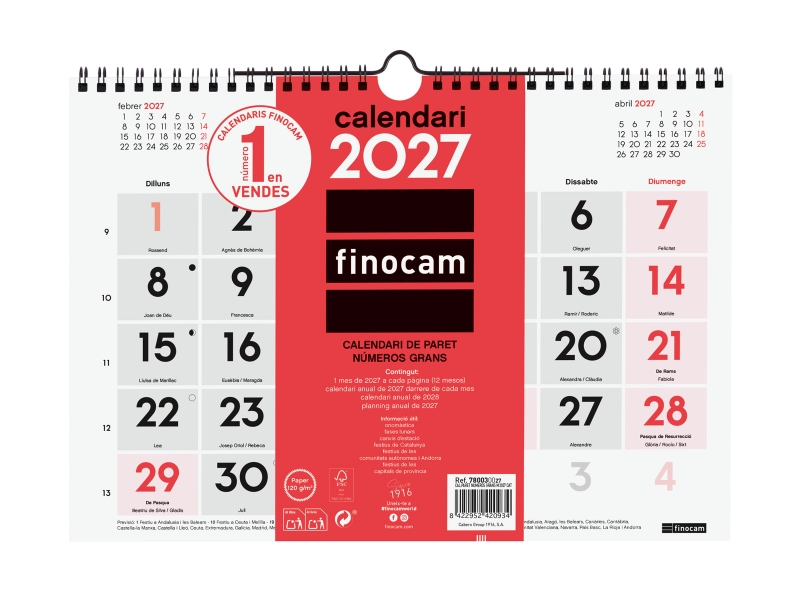 Finocam Neutro Calendario de Pared en Catalan - Anual 2027 - Mes Vista - Formato M - 300x210mm - Espiral Doble - Papel de 120g/m2 - Numeros Grandes - Color Rojo y Blanco