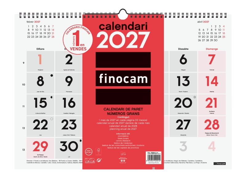 Finocam Neutro Calendario de Pared en Catalan - Anual 2027 - Mes Vista - Formato L - 430x310mm - Espiral Doble - Papel de 120g/m2 - Numeros Grandes - Color Rojo y Blanco