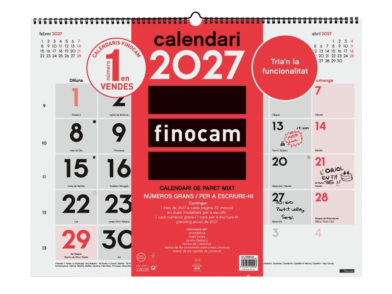 Finocam Neutro Calendario de Pared en Catalan - Anual 2027 - Mes Vista - Formato XL - 540x420mm - Espiral Doble - Papel de 135g/m2 - Espacio para Escribir - Numeros Grandes - Color Rojo y Blanco