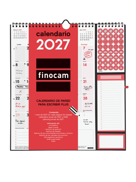 Finocam Neutro Calendario de Pared - Anual 2027 - Mes Vista - 300x340mm - Espiral Doble - Papel de 140g/m2 - Espacio para Escribir - Pegatinas Tematicas - Color Rojo y Blanco