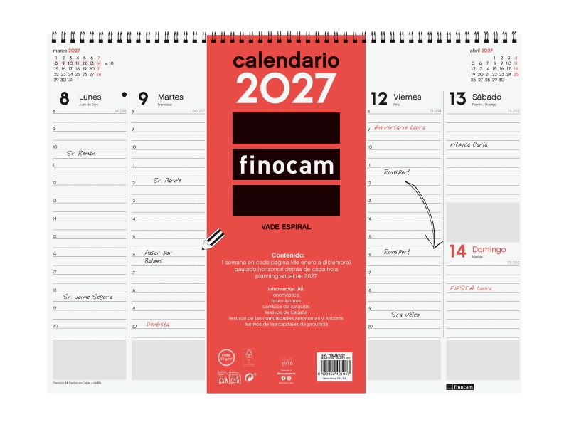 Finocam Neutro Vade Calendario - Anual 2027 - Semana Vista Vertical - 420x310mm - Espiral Doble - Papel de 90g/m2 - Espacio para Notas - Tapas de Polipropileno - Color Rojo y Blanco