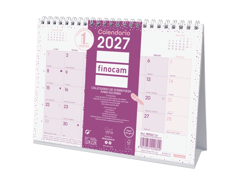 Finocam Trendy Chic Calendario de Sobremesa - Anual 2027 - Mes Vista - Formato S - 210x150mm - Espiral Doble - Papel de 120g/m2 - Espacio para Escribir - Color Morado