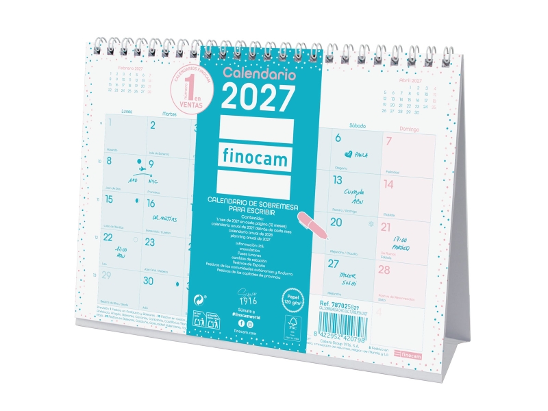 Finocam Trendy Chic Calendario de Sobremesa - Anual 2027 - Mes Vista - Formato S - 210x150mm - Espiral Doble - Papel de 120g/m2 - Espacio para Escribir - Color Turquesa